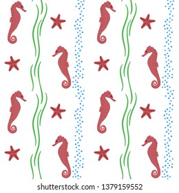 Seamless background on the marine theme with red seahorses and sea stars with bubbles and seaweeds vector illustration 
