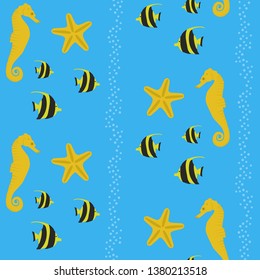 Seamless background on the marine theme with yellow seahorses, fishes and sea stars with bubbles vector illustration
