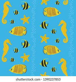 Seamless background on the marine theme with yellow seahorses, fishes and sea stars with bubbles vector illustration eps
