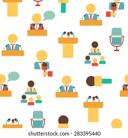 Seamless background on public speaking theme with flat objects: people, microphones, speakers, tribunes for business presentation, seminar or conference for your design