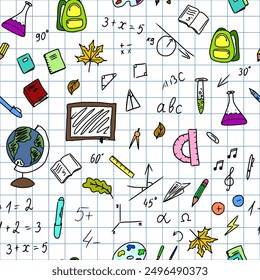 seamless background on a school theme. vector illustration of various stationery items, notebooks, autumn leaves, a globe and a backpack on a checkered piece of paper. back to school.