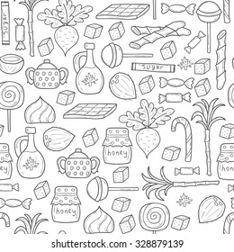 Seamless background on sugar type theme with hand drawn cartoon objects