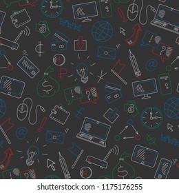 Seamless background on a theme business on the Internet and information technology , drawn with colored chalks on the dark school Board