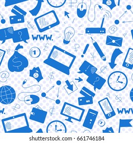 Seamless background on a theme business on the Internet and information technology ,a blue silhouettes of icons on the background of polka dots