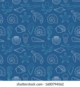 Seamless background on the theme of the sea and marine life. Vector pattern