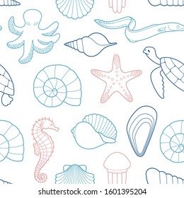 Seamless background on the theme of the sea and marine life. Vector pattern