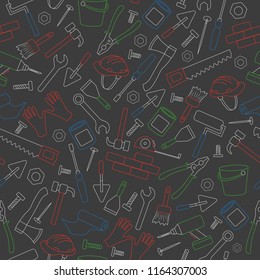 Seamless background on the topic of construction and repair, construction equipment, simple  colored chalks on the dark school Board