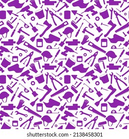 Seamless background on the topic of construction and repair, construction equipment, simple contour icons,purple silhouettes on white background