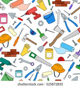 Seamless background on the topic of construction and repair , simple color icons on white background