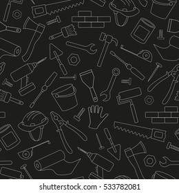 Seamless background on the topic of construction and repair, construction equipment, simple contour icons, white contour on  black background