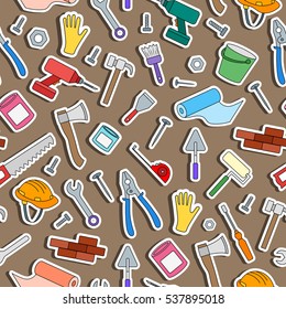 Seamless background on the topic of construction and repair , simple colored icons in the form of stickers on a brown background