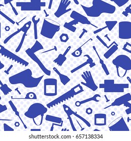 Seamless background on the topic of construction and repair, construction equipment, a blue silhouettes of icons on the background of polka dots