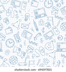 Seamless background on the topic of information technology and earn money online, simple hand-drawn contour icons, blue  contour  icons on the clean writing-book sheet in a cage