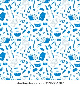 Seamless background on the topic of pet care, pet shop, a blue silhouettes of icons on white background 