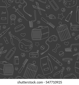 Seamless background on the topic of pet care, pet shop, simple contour icons, light outline on a dark background