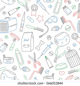 Seamless background on the topic of pet care, pet shop, simple contour icons,  simple colored contour icons on white background