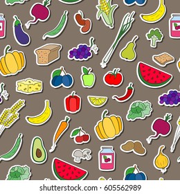 Seamless background on the topic of vegetarianism, simple icons, food signs stickers on a brown  background