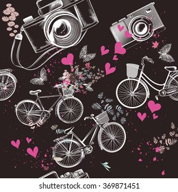 Seamless background on a Valentines Day theme with camera bicycle flower  and hearts love and romantic symbols