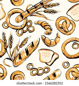 Seamless background on which bread, rolls, pretzels, bagels, wheat spikelets, rye spikelets. 
