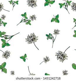 seamless background on white, clover leaf elements, four-leaf clover for good luck