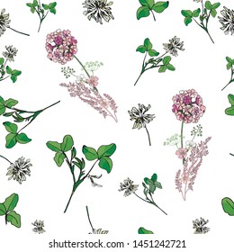 seamless background on white, from spring bouquets and white clover leaves, four-leaf clover for good luck 