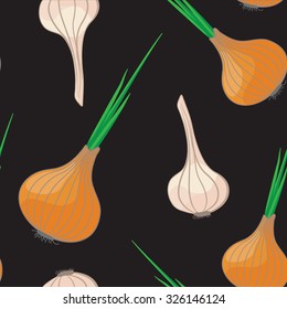 Seamless background with onions and garlic. Vector