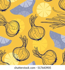 Seamless background with onions and plates. Hand drawn vector illustration