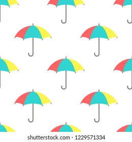 Seamless background with open colorful funny umbrellas on white. Overcast pattern. Vector illustration. Cartoon rain weather wallpaper. Rainy day