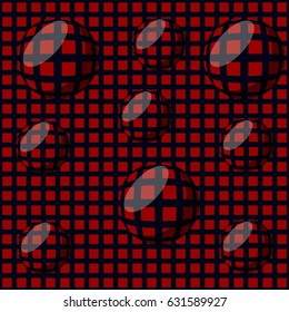 Seamless background in optical art style, red and black grid with balls