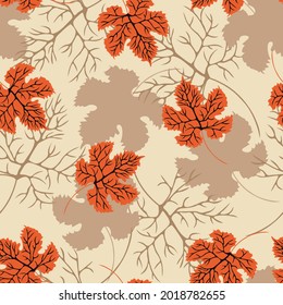 Seamless background with orange autumn maple leaves. Vector illustrations for wallpaper design, fabric, tiled printing, decor, packaging, linen products, trendy finishing materials