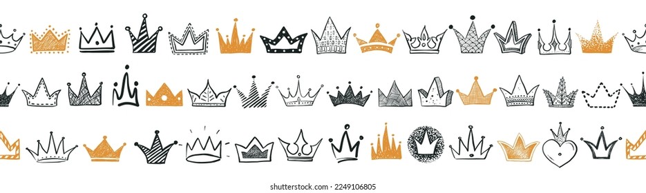 Seamless background with orange and black doodle crowns on white background. Can be used for wallpaper, pattern fills, textile, web page background, surface textures.