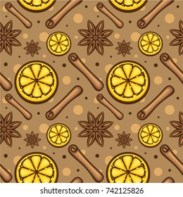 Seamless background with orange, cinnamon sticks and anise stars. Design for menu, cosmetic, pack, wrapping paper and fabric.