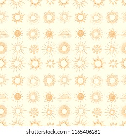 Seamless background with orange doodle sun on yellow. Can be used for wallpaper, pattern fills, textile, web page background, surface textures