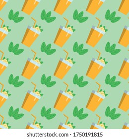 Seamless background of orange juice and orange slices. Vector illustration.
