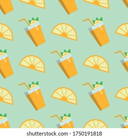 Seamless background of orange juice and orange slices. Vector illustration.