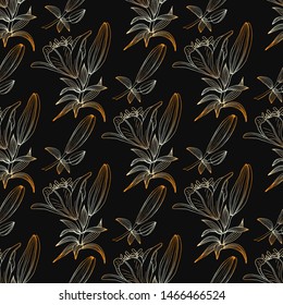 Seamless background with orange lilies on the dark brown background. Endless texture for design. Vector background with lilies and floral elements for design, packaging, fabric, textile.