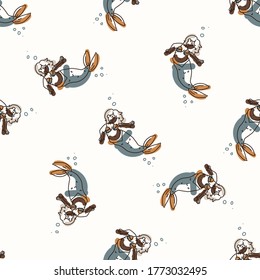 Seamless background orange mermaid gender neutral baby pattern. Simple whimsical minimal earthy color. Kids nursery wallpaper or boho cartoon animal fashion.