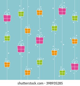 Seamless background with orange, pink and green gift boxes and stars.