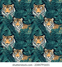 A seamless background of the orange tiger and tropical leaf