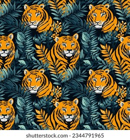 A seamless background of the orange tiger and tropical leaf