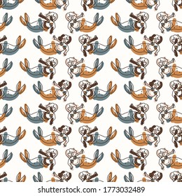 Seamless background orange two mermaid gender neutral baby pattern. Simple whimsical minimal earthy color. Kids nursery wallpaper or boho cartoon animal fashion.