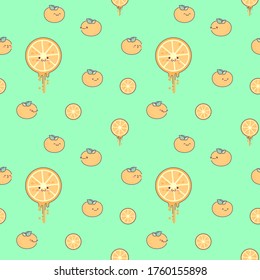 Seamless background with oranges. Cute mandarin slices with mugs. Tropical fruits. Summer background pattern with fruits. Fresh juicy. Fruit mood