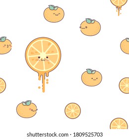 Seamless background with oranges. Cute mandarin slices with mugs. Tropical fruits. Summer background pattern with fruits. Fresh juicy. Fruit mood
