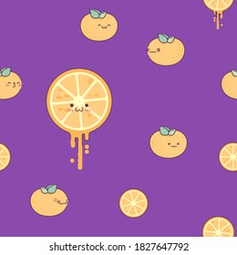 Seamless background with oranges. Cute mandarin slices with mugs. Tropical fruits. Summer background pattern with fruits. Fresh juicy. Fruit mood
