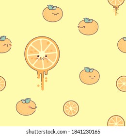 Seamless background with oranges. Cute mandarin slices with mugs. Tropical fruits. Summer background pattern with fruits. Fresh juicy. Fruit mood
