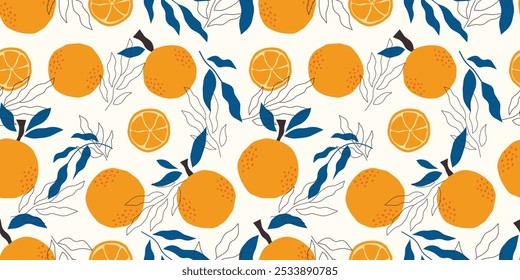 Fondo sin fisuras con naranjas y hojas. Diseño moderno con frutas tropicales para tejidos y textiles de cocina. Patrón de repetición con cítricos.