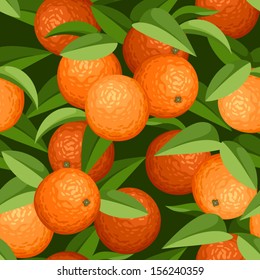 Seamless background with oranges and leaves. Vector illustration.