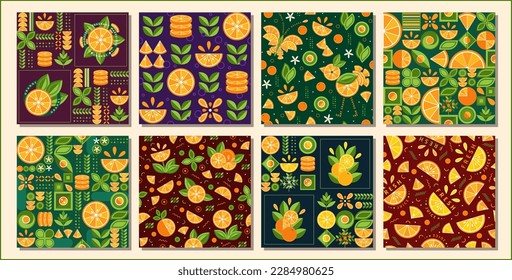 Seamless background with oranges in simple geometric style. Abstract shapes. Good for branding, decoration of food package, cover design, decorative print, background.
