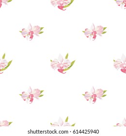 Seamless background with orchids. Beautiful floral pattern for print on textile, fabric, Wallpaper, wrapping, scrapbooking, decoupage. Vector illustration with exotic flowers. Tropical ornament