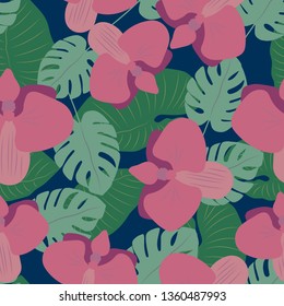 Seamless background with orchids and palm leaves. Tropics. Vector.